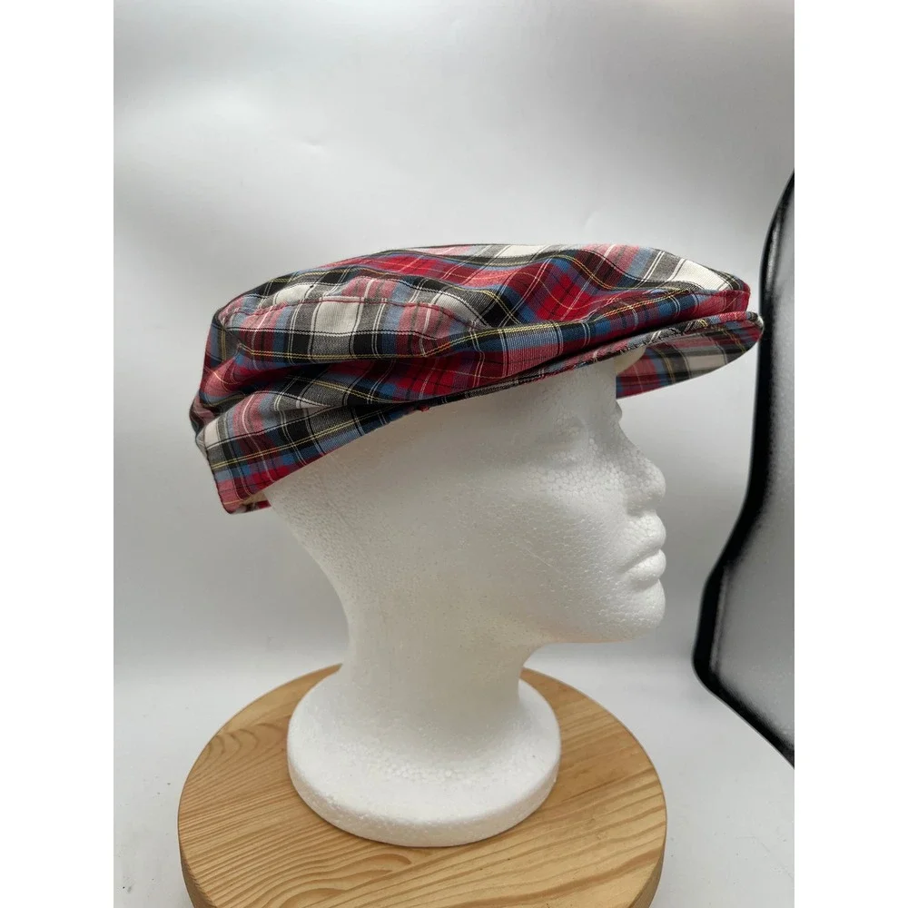 Vintage Plaid Flat Cap Red Blue White Tartan Driver Hat USA XL 7 1/2-7 5/8
